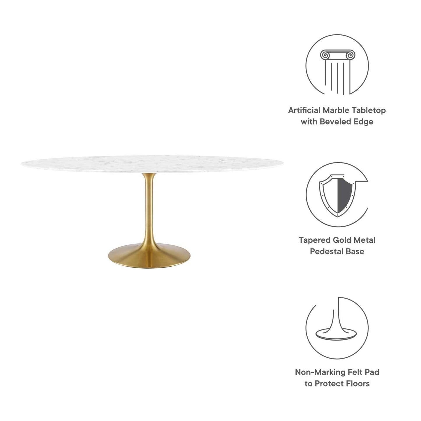 Modway Lippa 78" Oval-Shaped Mid-Century Modern Dining Table with Artificial Marble Top and Gold Base