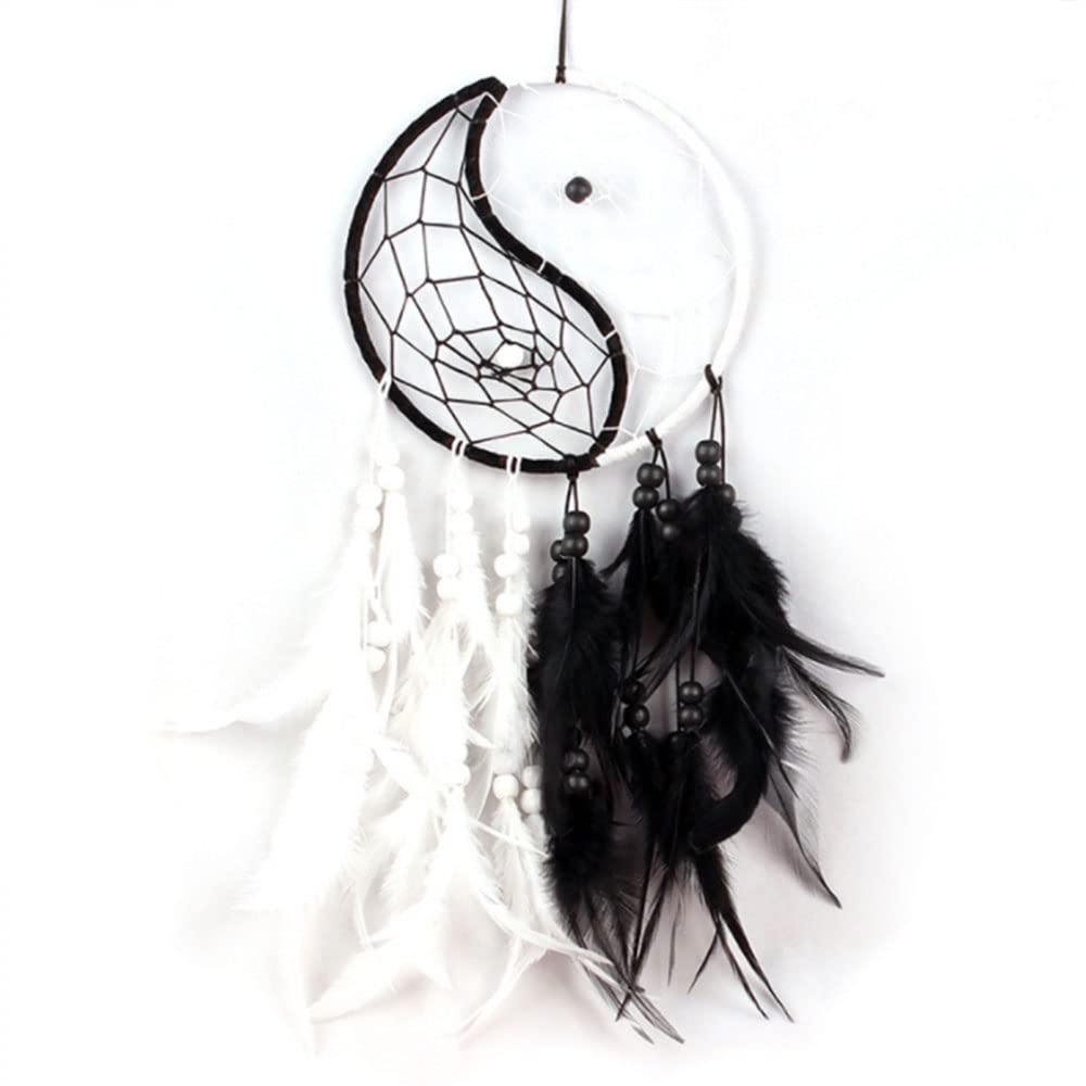 Yahpetes Dream Catcher 19.7" Feather Chandelier Ornaments Handmade Indian Wall Decoration Interior Rearview Pendant Charm Car Hanging with Feathers Beads (Black and White)