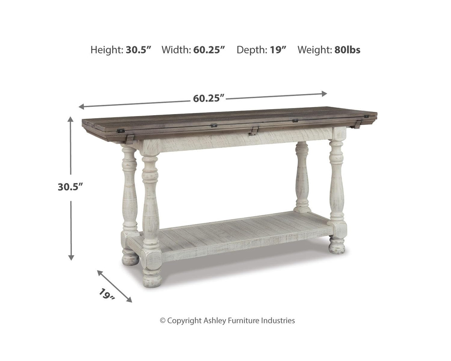 Signature Design by Ashley Havalance Farmhouse Sofa Table, Flip Top Design for Additional Dining Space and Fixed Lower Shelf, Gray & White with Weathered Finish