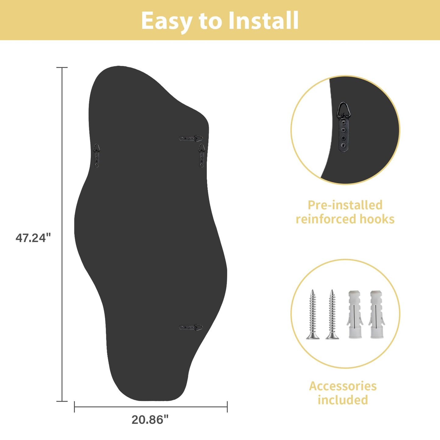 Jesmaikor Large Irregular Wall Mirror, 47.2"x21", Black Asymmetrical Modern Oblong Wavy Cloud Mirror for Living Room, Bathroom, Entryway, Dining Room
