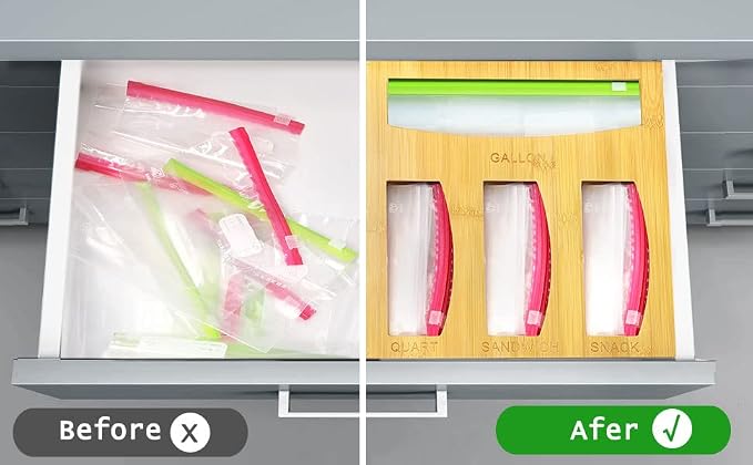 Bamboo Food Bag Storage Organizer for Kitchen Drawer, Baggie Holder for Solimo, Glad, Hefty Gallon, Quart, Sandwich and Snack Variety Size Bags (1 Box 4 Slots)