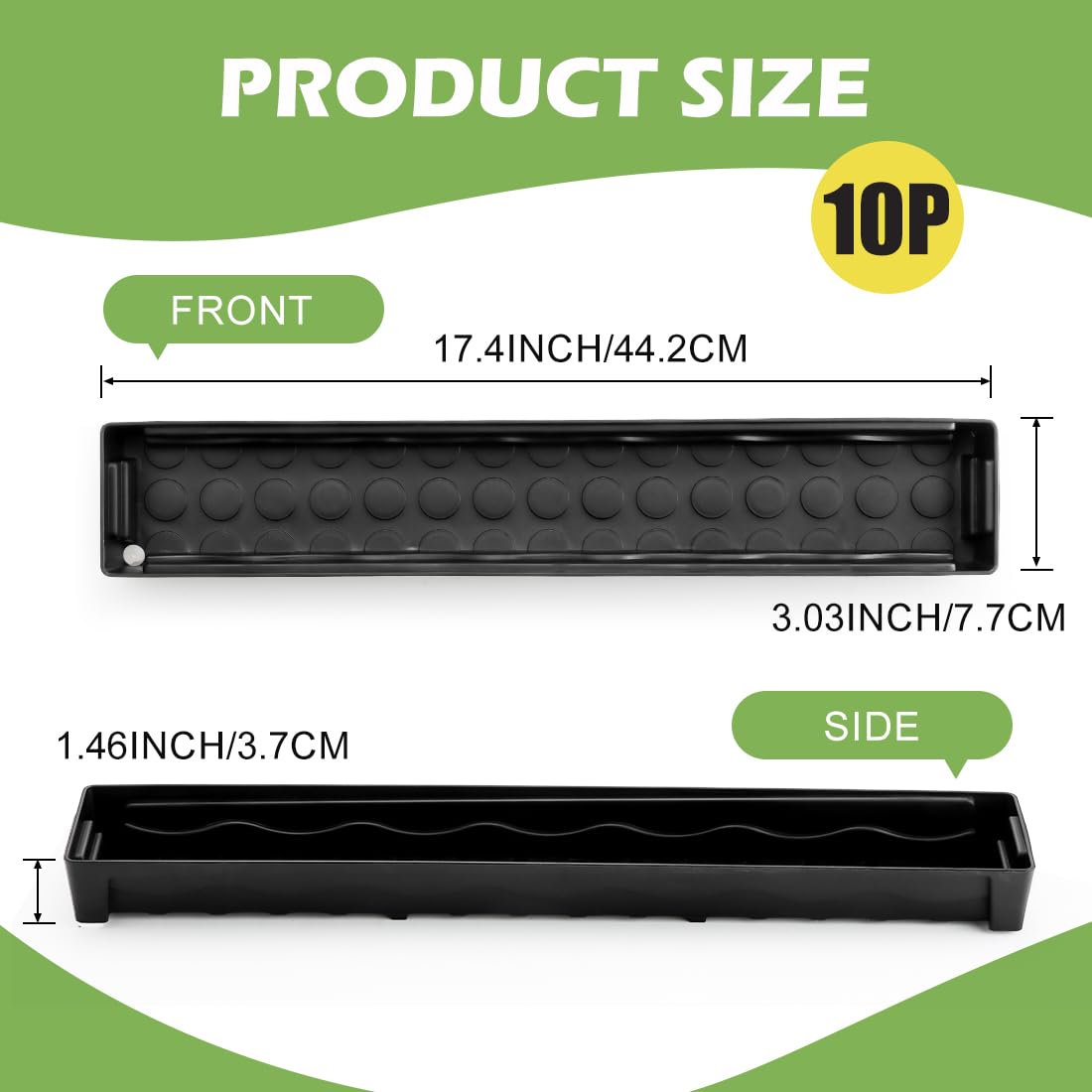 RooTrimmer 10 Pack Plastic Windowsill Saucer (17"x3"x1.5"), Rectangular Window Sill Plant Pot Trays with Removable Drainage Hole, Thick Plant Saucer Tray for 2.8 inch (7CM) Flower Nursery Pots (Black)