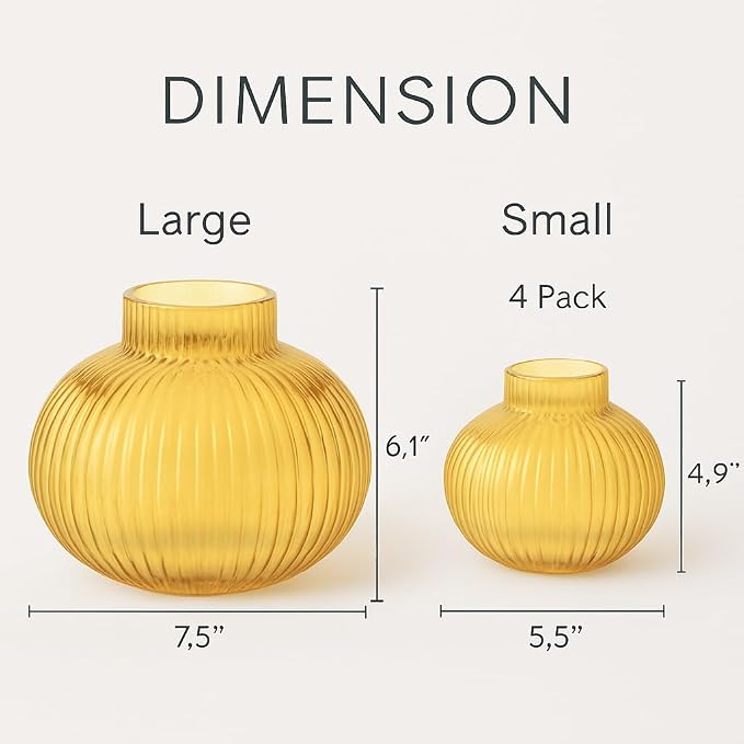 Amber Glass Vases for Tulips, Set of 2, Flower Vases for Bouquet, Ribbed Glass Vase for Flowers, Short Vase for Living Room, Office, Coffee Table, Shelf, Wedding