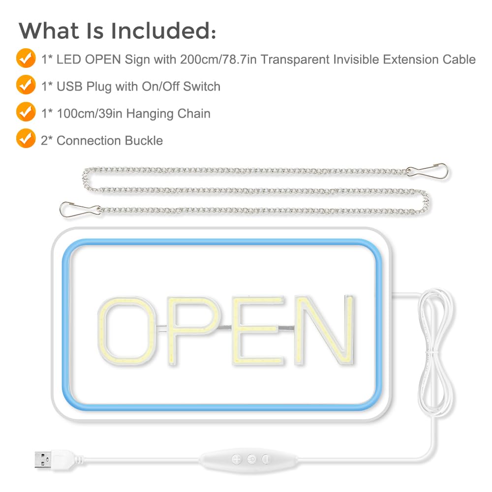 ROLANCHE Open Signs for Business Window, 16"x 9" Neon Open Sign, Bright COB Chip LED Open Sign with ON/OFF Switch & USB Plug, Ice Blue & White Open Light Up Sign for Wall, Shop, Hotel, Horizontal