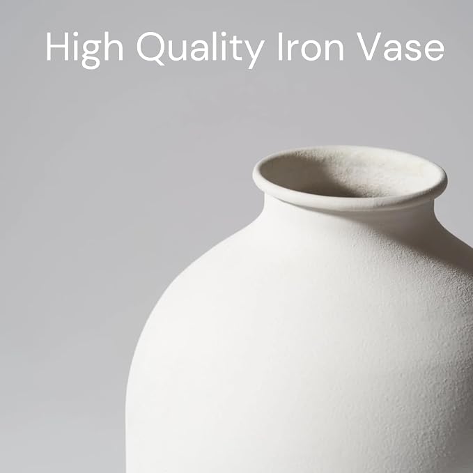 Large White Vase, Big Iron Vase for Long Stem Flowers, White Arlo Matte Finish for Modern Minimalist Table Decor, Japandi Home Decor