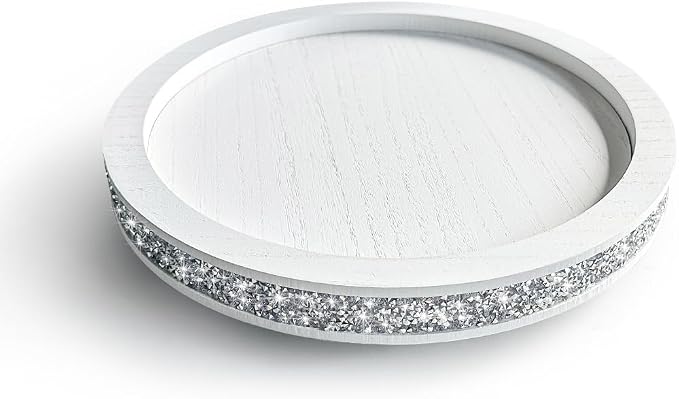 12 inch Round Wood Tray, Acrylic Diamond Decoration, Decorative Tray for Living Room, Coffee Table or Kitchen Table Service Tray, White