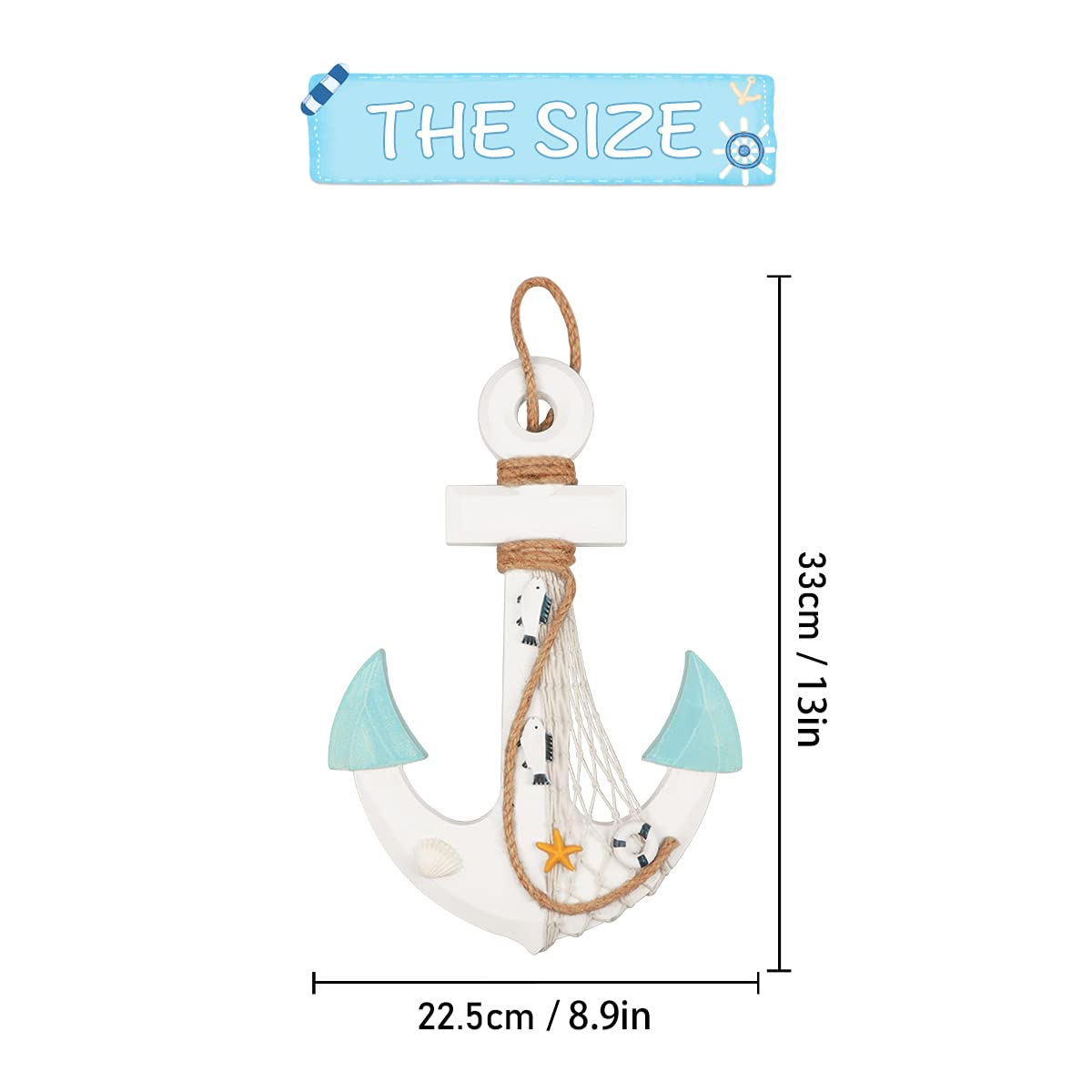 13" Nautical Wooden Anchor with Rope Nautical Beach Wood Anchor Wall Art Decor Door Hanging Ornament Beach Theme Home Decoration (White&Green)