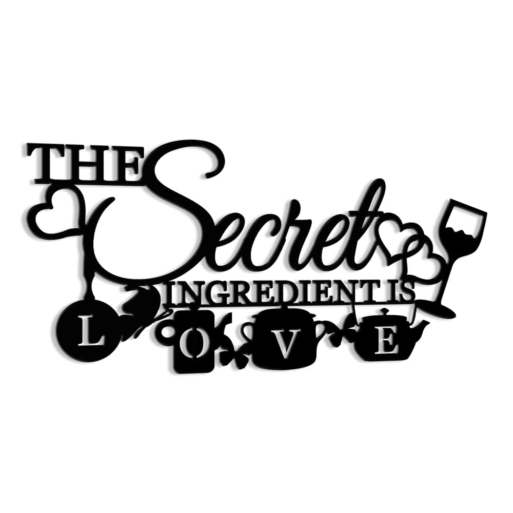 XORT The Secret Ingredient is Love Metal Wall Art Sign, Farmhouse Dining Room Kitchen Wall Decor Housewarming Gift Counter Pantry Sign. (Black -16 x 8 inch)