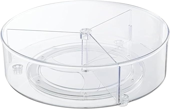 Clear Lazy-Susan Organizer with 3-Dividers - 11 Inch Divided Turntable Organizer for Cabinet, Pantry, Kitchen, Fridge, Countertop, Bathroom, Vanity