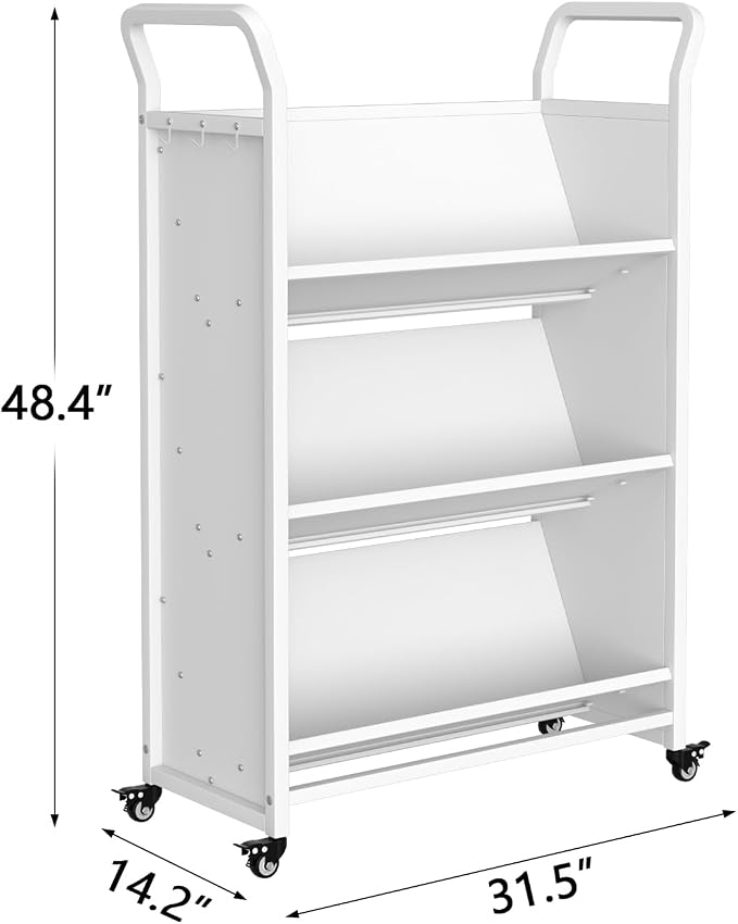 GarveeHome Book Cart with Wheels, Heavy-Duty Mobile Bookshelf Organizer, Single Sided V-Shaped Rolling Library Cart with Locking Casters for Office, School & Home, White