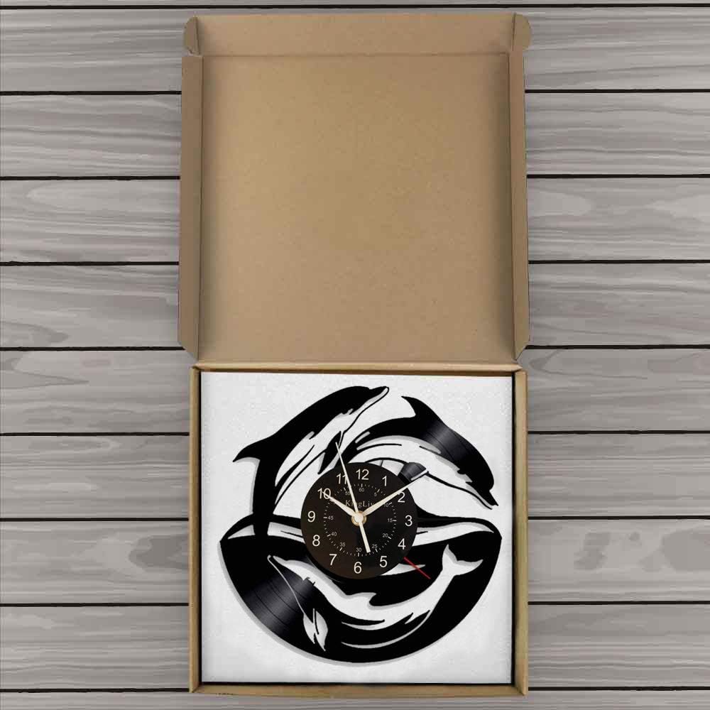 KingLive Dolphin Fish Vinyl Record Wall Clock 12 inches (30 cm) Black Modern Decorative Wall Clock Home Office Kids Bedroom Wall Creative Gifts
