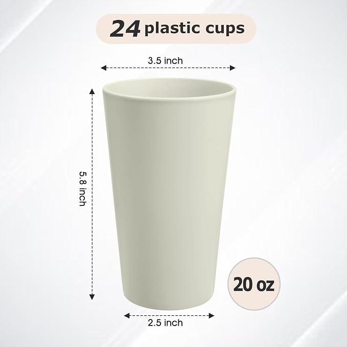HEYCOME 24 Pcs Unbreakable Plastic Cups Set, 20 oz Reusable Plastic Cups, Stackable Water Tumblers, Drinking Cup for Kitchen, Outdoor, BPA-free, Dishwasher Refrigerator and Microwave Safe, Beige
