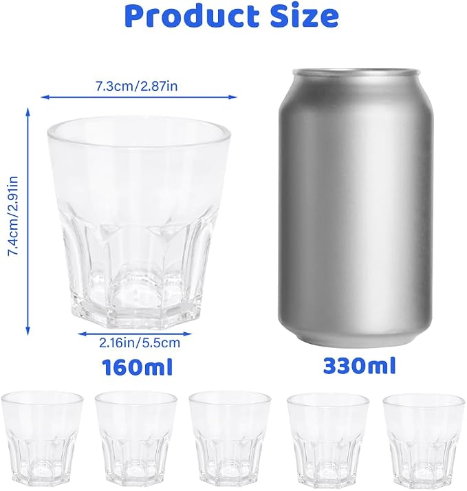 Plastic Drinking Glasses Set of 6, Unbreakable Water Tumbler, Acrylic Plastic Cups, Reusable Kids Drinking Cups for Children Kitchen Cocktail Picnic Party Juice Whiskey Wine (6pc-clear-160ml/5.4oz)