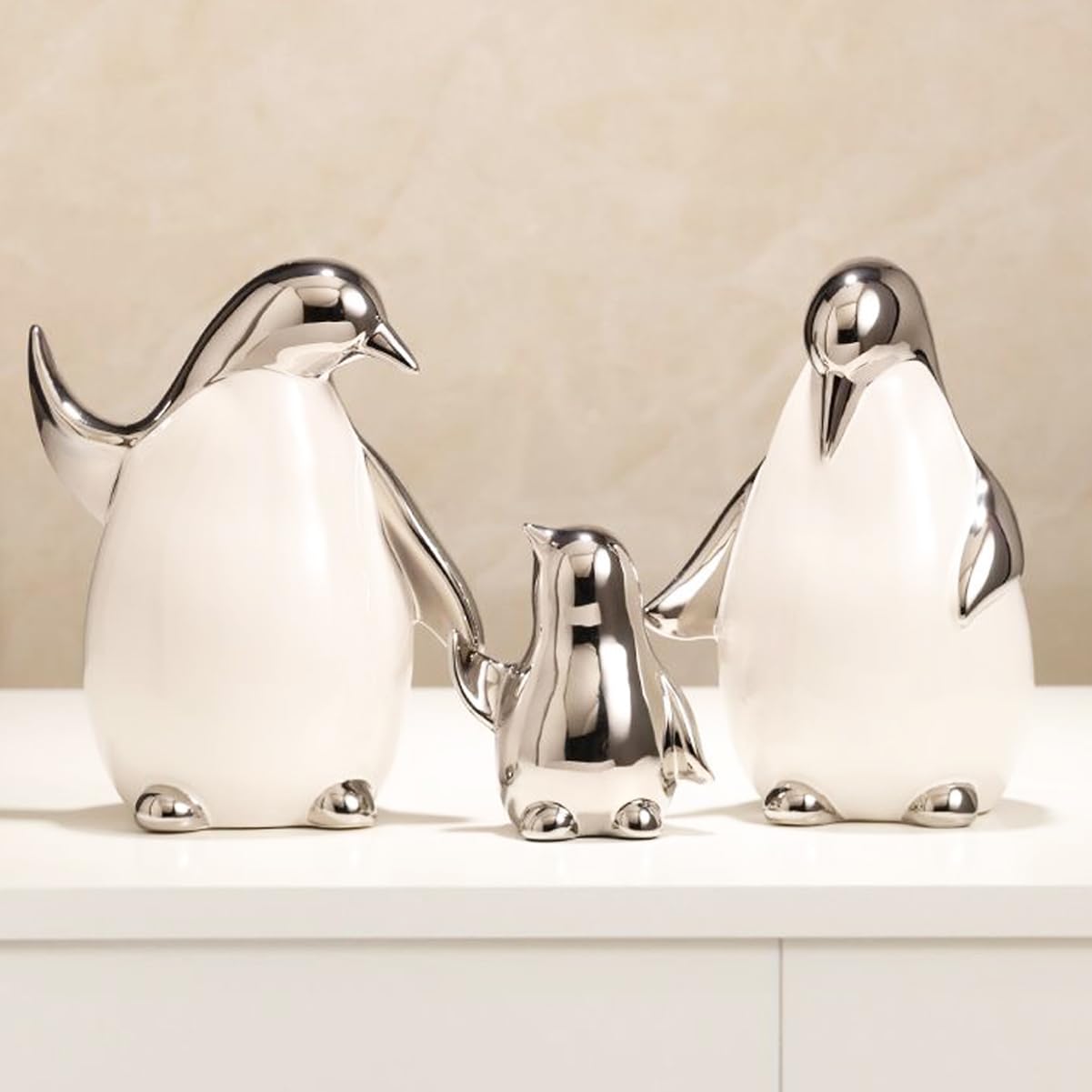 Tuioyoc Set of 3 Ceramic Statues Aesthetic Abstract Penguins Sculpture Cute Modern Home Decor Decorative Statue for Living Room, Bedroom, Office, Table Centerpiece (White Silver)