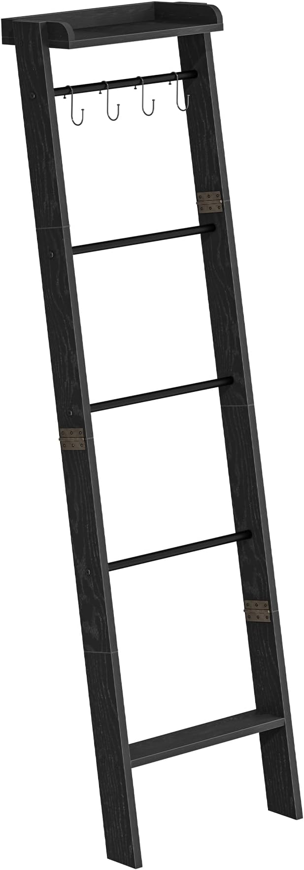 Hzuaneri Blanket Ladder Shelf, Decorative Quilt Rack, 6-Tier Farmhouse Ladder Holder Organizer with 4 Removable Hooks 7.9" D x 17.3" W x 63.4" H, Black BR35804B