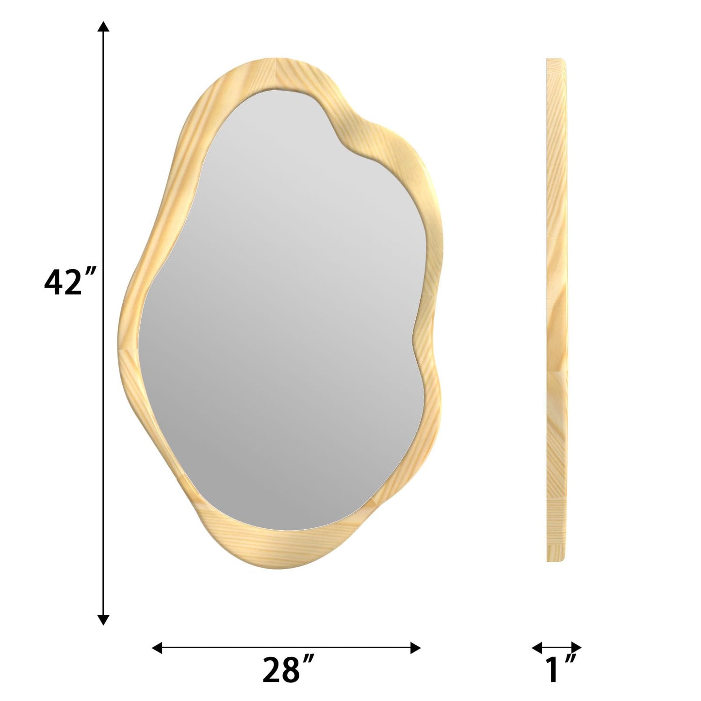 osemy 42"x 28" Irregular Wall Mirror, Natural Wood Framed Wall Mirror, Asymmetrical Wall Wavy Mirror for Living Room Bedroom Entryway Bathroom Modern Decorative Cloud Mirror Hanging Hooks