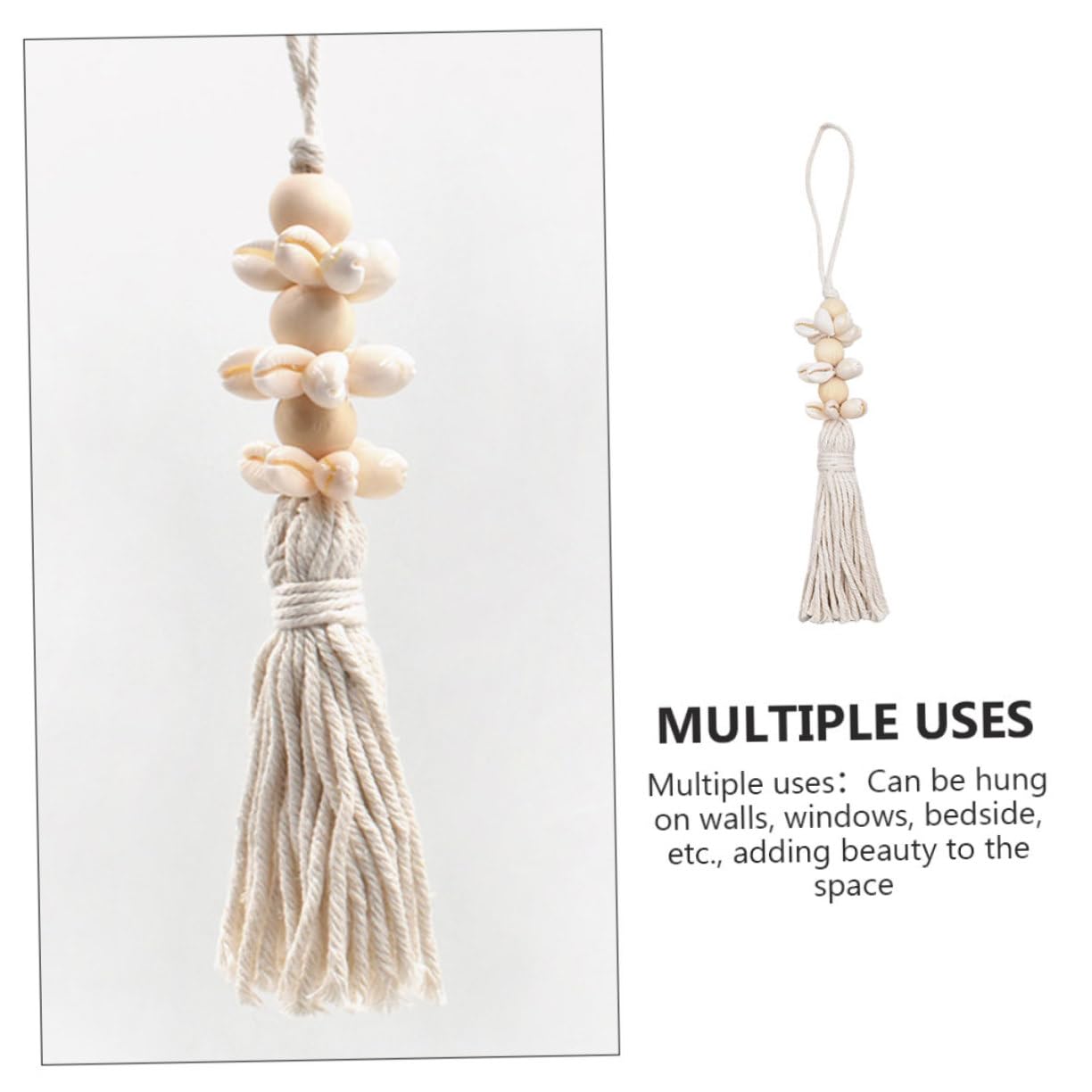 KONTONTY Boho Coastal Decor Wooden Beads String Pendant with Cotton Tassels and Seashells 9.84In Rustic Farmhouse Hanging for Wall Window Decoration
