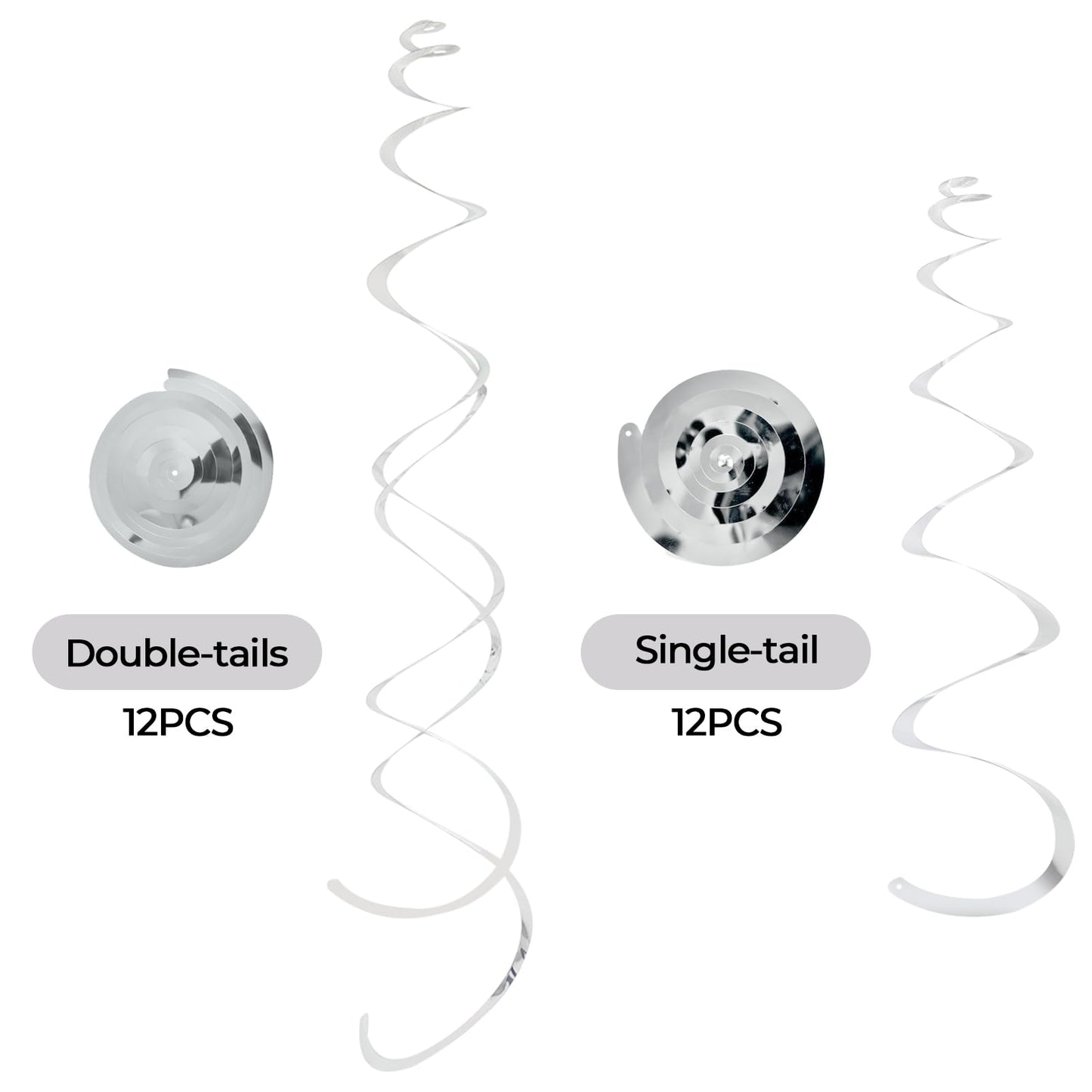 24 PCS Silver Foil Hanging Swirl, Sparkle Ceiling Hanging Decorations, Plastic Streamer Party Decorations, Swirl Decorations with Double-Swirls and Single-Swirls for Birthday,Happy New Years