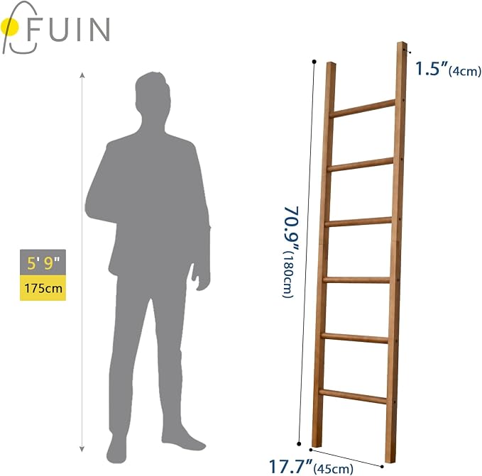 FUIN 6ft Wooden Natural Blanket Ladder Living Room Decorative Wall Leaning Farmhouse Quilt Display Holder Rustic Wood Towel Rack for Bathroom