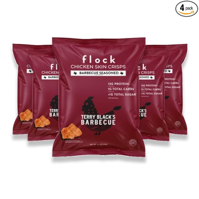 Flock Keto Chicken Skin Chips | Terry Black's BBQ Flavor | Low Carb, High Protein, Sugar Free, Gluten Free Fried Chicken Skins for People | (2.5oz) 4-Pack Crispy Flock Chips
