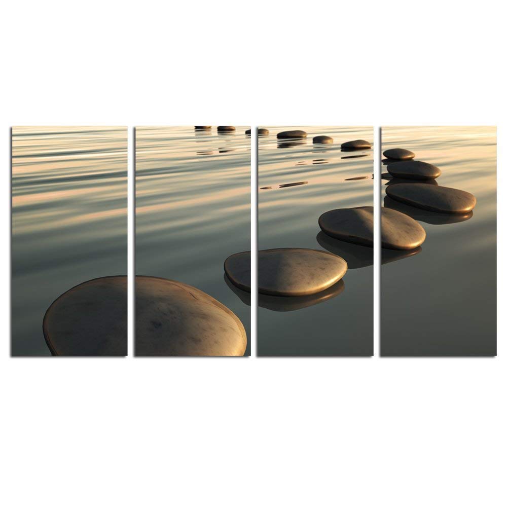 LevvArts - Zen Canvas Wall Art,Basalt Stone on The Sunset Relax Scenery Canvas Pictures for Living Room Decoration,Peaceful Water Multi Panel Wall Art Easy Hanging On - 48" W x 24" H overall