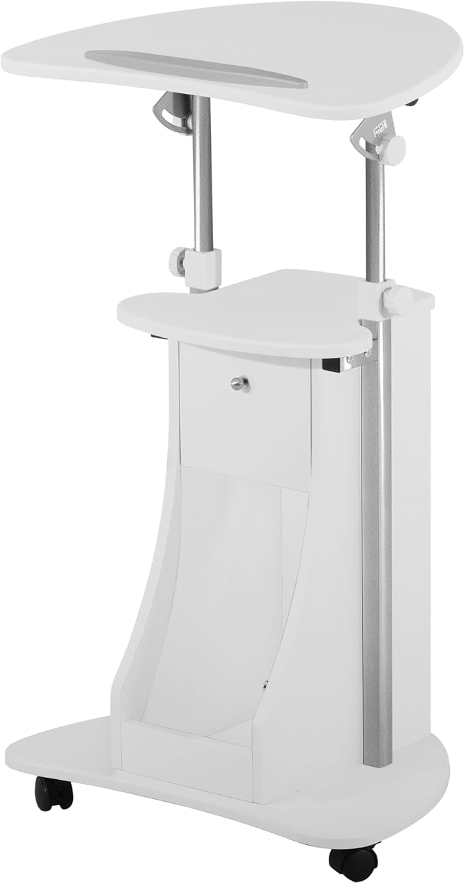 Adjustable Height Rolling Laptop Cart with Storage, Sit to Stand Desk with Wheels, Podium Stand or Medical Cart, White