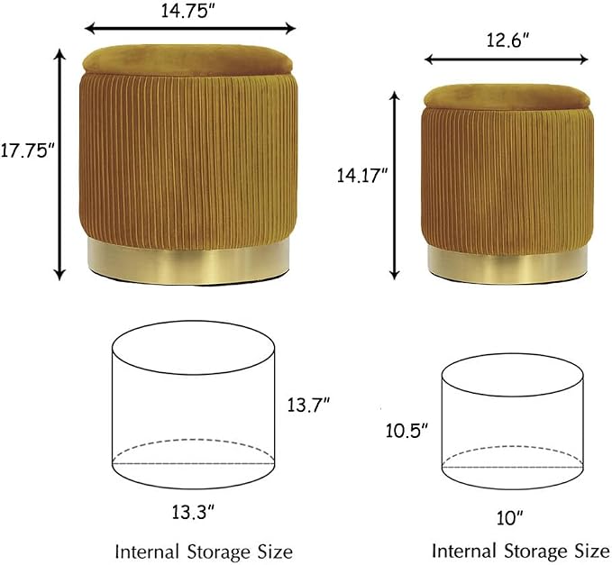 YYW HOME Round Ottoman with Storage Set of 2 Velvet Yellow Foot Stool for Living Room or Dorm, Vanity Stool Chair for Bedroom Small Ottoman Coffee Table, Removable Lid, Hallway, Assembly Free