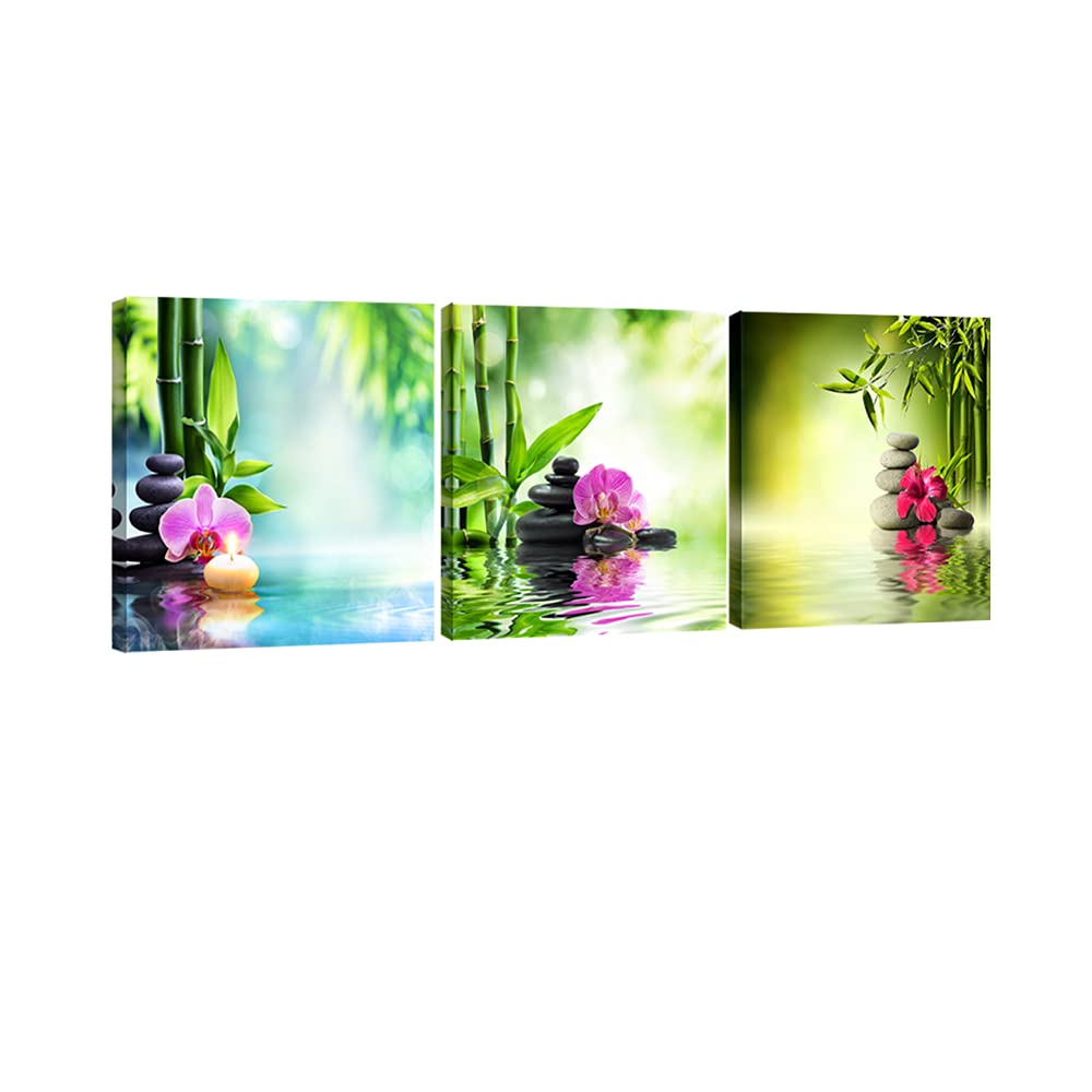 Pyradecor 3 Pieces Spa Zen Stone Canvas Wall Art Modern Romance Green Bamboo Pink Flowers Paintings Pictures for Living Room Bedroom Home Office Decoration