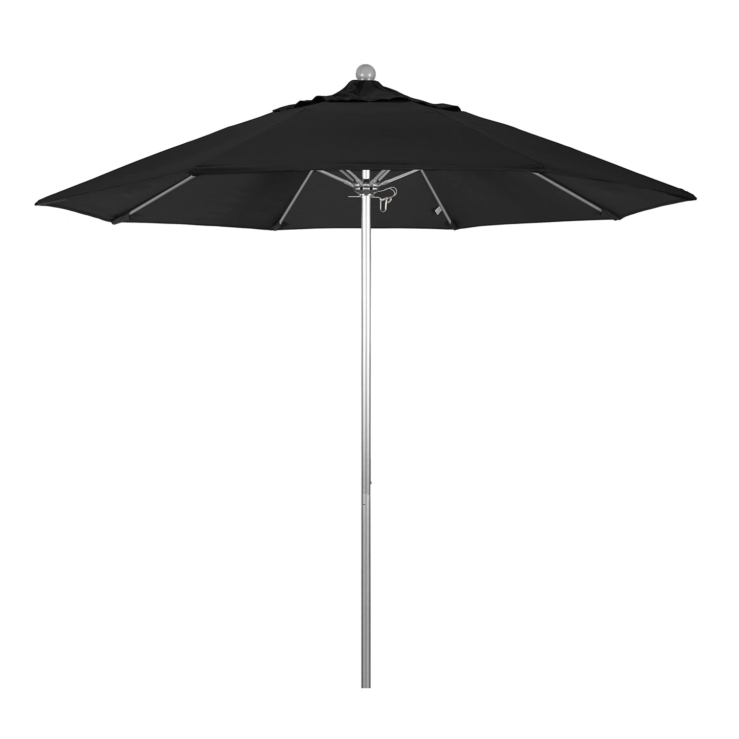 California Umbrella 9' Round Aluminum/Fiberglass Umbrella, Push Open, Silver Pole, Olefin Black Fabric