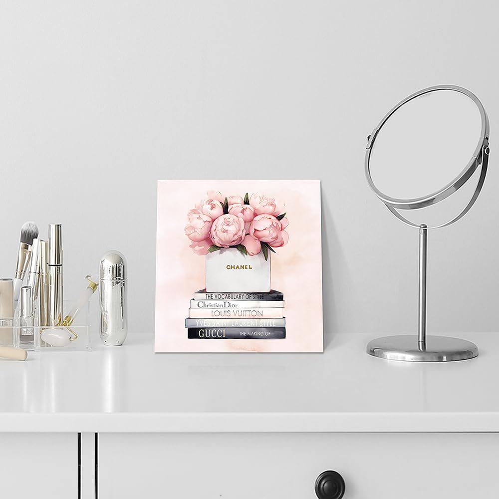cozy country Chanel-Inspired Canvas Wall Art - 12x12 Inches Luxury Fashion Artwork Print, Featuring Perfume, Books & Flowers, Perfect for Bathroom & Women's Room Decor