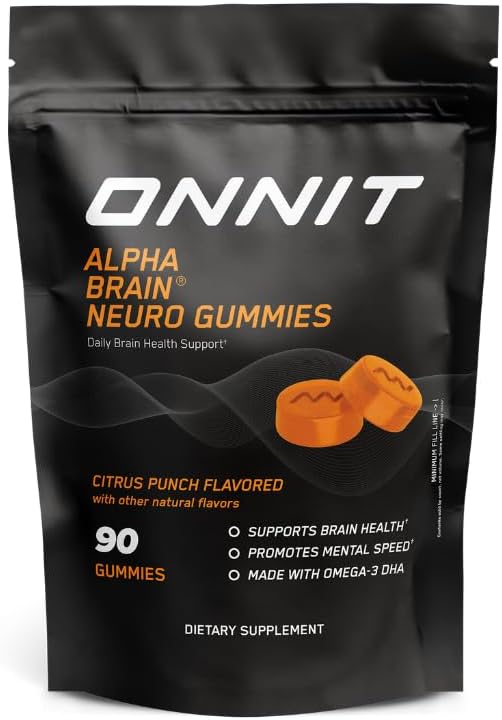 ONNIT Alpha Brain Neuro Focus Gummies - Vegan Gummies with Omega-3s, Lutein, Zeaxanthin & Caffeine - Brain, Eye & Focus Supplement for Men & Women?? Citrus Punch Flavor, 90 Count