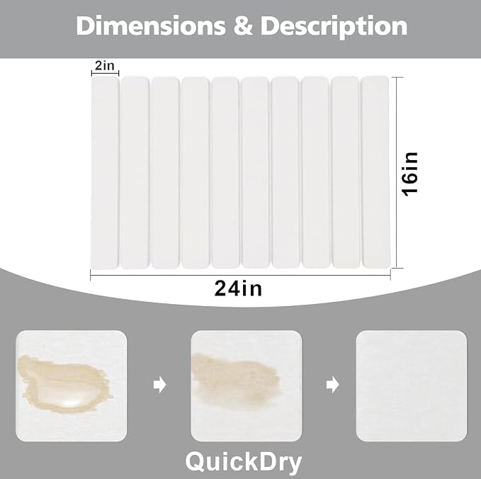 Large Stone Dish Drying Mat for Kitchen Counter,Equipped Dish Rack, Diatomaceous Earth Material, Foldable and Super Absorbent Dish Drying Pad Suitable for Tableware, Bottles and Cup (White, 24×16 IN)