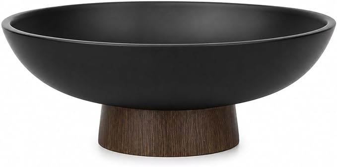 YMXYJM Modern Pedestal Fruit Bowl, Large Matte Resin Decorative Bowl with Faux Wood Base for Kitchen Counter, Living Room, Entryway Home Decor, Black