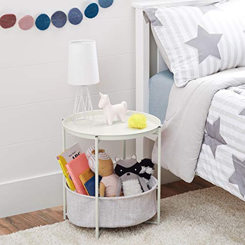 Amazon Basics Round Storage End Table, Nightstand with Cloth Basket, Bedside Table, White/Heather Gray, 17.7" L x 17.7" W x 18.9" H