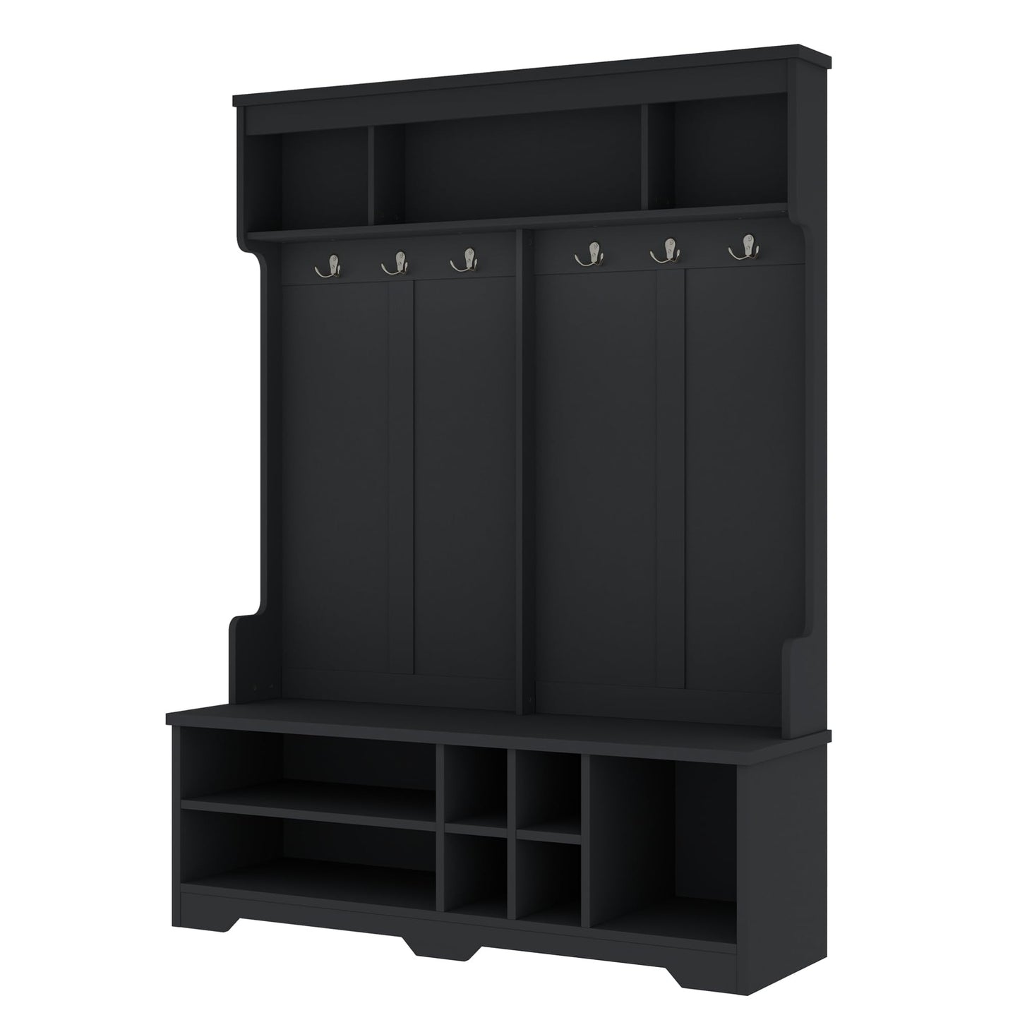Ball & Cast 59.1" Hall Tree with Bench and Shoe Storage,3-in-1 Entryway Cabinet with Metal Hooks,Modern Coat Rack with Shoe Cubbies for Mudroom,Living Room,Hallway,Black