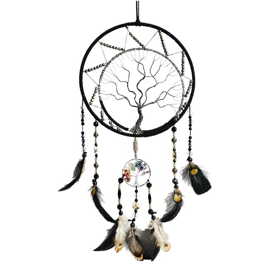 Pretty Jolly 7 Chakras Tree of Life Dream Catcher Wall Decor with Rainbow Healing Crystal Stone Handmade Black Feather DreamCatchers Wall Hanging Ornaments for Bedroom Home Decor Bless Gift Wedding