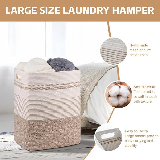 80L Large Cotton Rope Laundry Basket for Bedroom & Laundry Room, Tall Clothes Hamper with Sturdy Handles, Neutral Storage Bin Capable of Holding Blankets and Toys