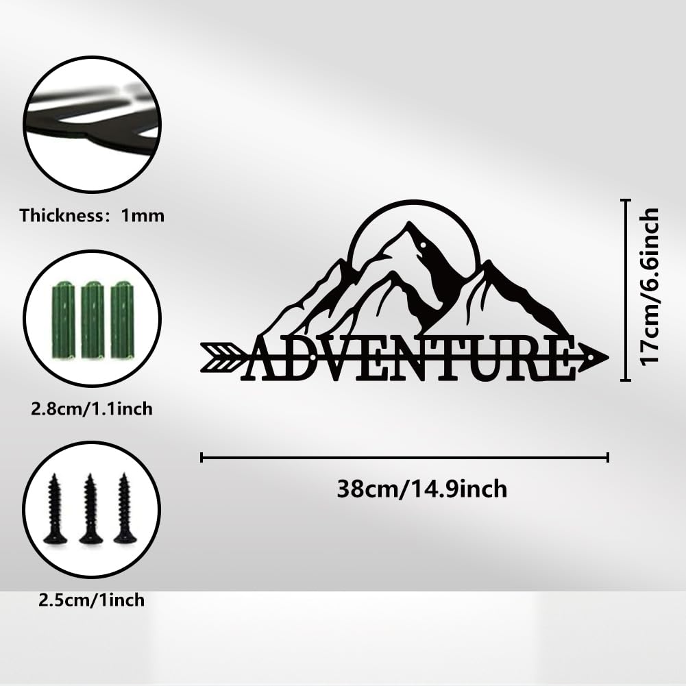 WADORN Metal Mountains Wall Art Decor, Mountains Adventure Metal Wall Art Hanging Decor Signs Adventure Word Wall Sculpture Statues Decor for Home Bedroom Bathroom Office, 6.6x14.9 Inch
