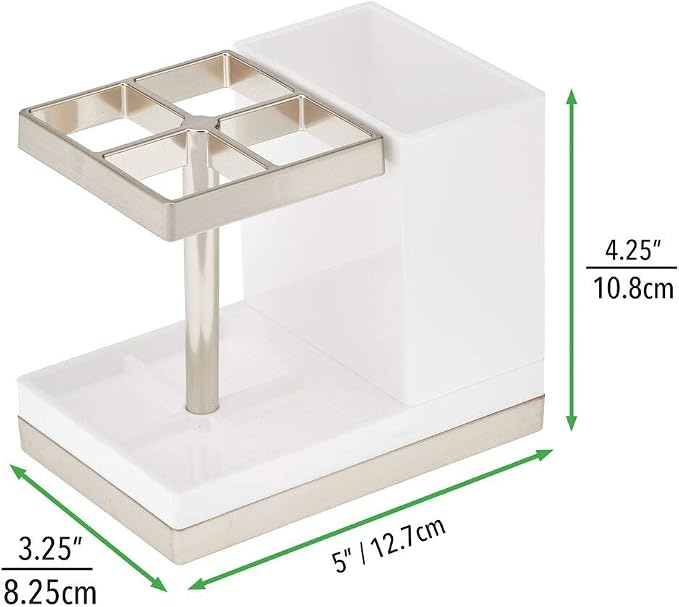 mDesign Plastic Toothbrush and Toothpaste Storage Organizer Holder - Home Decor for Bathroom Countertop - Holds Toiletries and Beauty Accessories - Lumiere Collection - White/Brushed