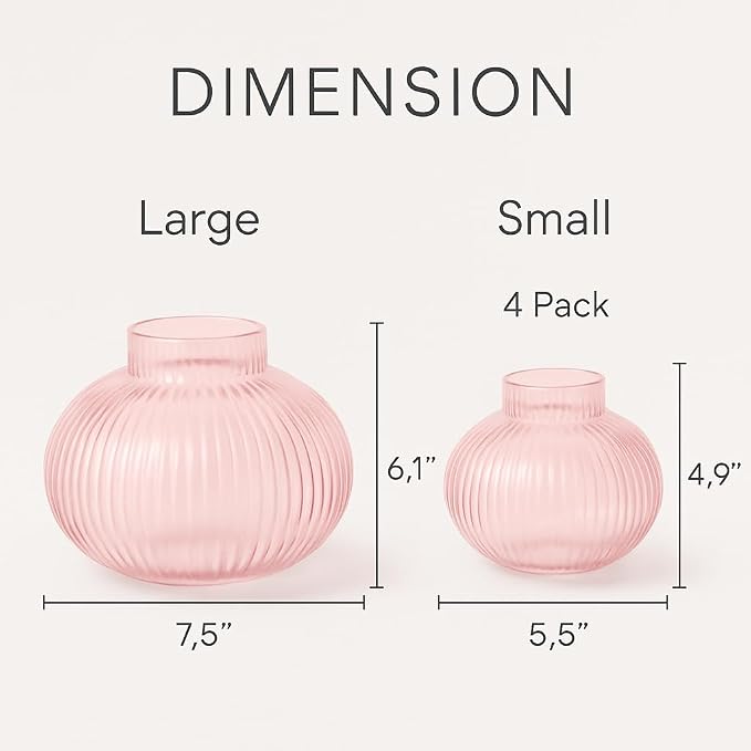 Pink Glass Vases for Tulips, Set of 2, Flower Vases for Bouquet, Ribbed Glass Vase for Flowers, Short Vase for Living Room, Office, Coffee Table, Shelf, Wedding