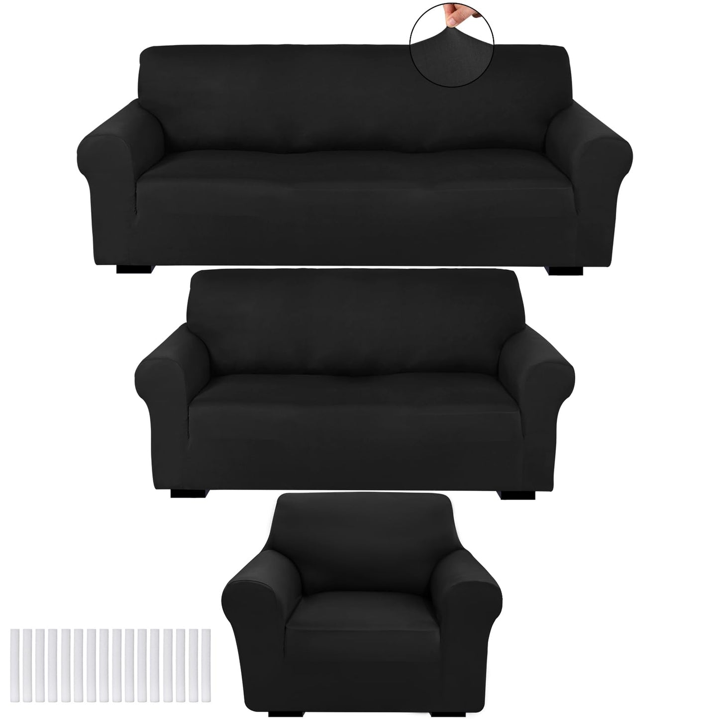 Peryiter 3 Pcs Slipcover Set for Couch Furniture Covers for Sofa Loveseat Couch Arm Chair, Form Fit Stretch, Wrinkle Free, Furniture Protector(Black,Milk Silk Spandex)
