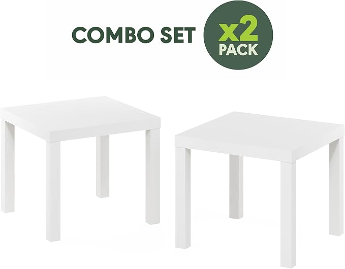 Furinno Classic Toolless Assembly Square Side Table Set of 2, White End Table with 1.8 Thick Tabletop, Night Stand, Bedside Table, for Living Room, Bedroom, Plain White