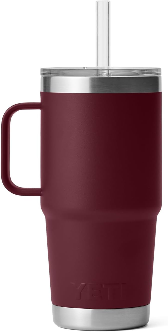YETI Rambler 25 oz Tumbler with Handle and Straw Lid, Travel Mug Water Tumbler, Vacuum Insulated Cup with Handle, Stainless Steel, Wild Vine Red