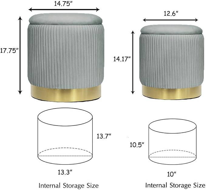 Round Ottoman with Storage Set of 2 Upholstered Velvet Vanity Stool Small Ottoman Coffee Table, Foot Stool, Removable Lid, for Living Room, Bedroom, Hallway, Assembly Free (Light Grey)