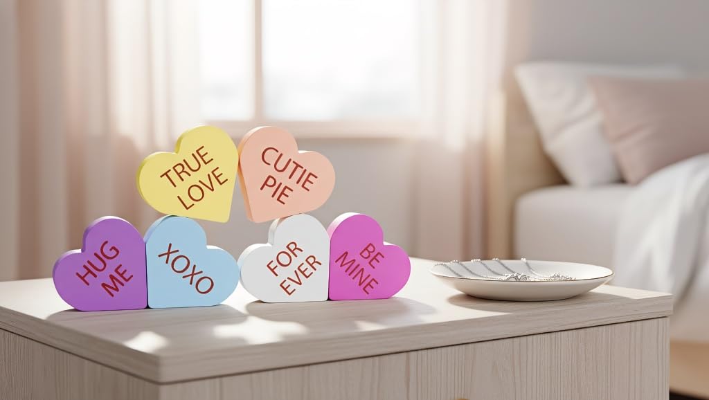 6 PCS Heart Wall Decor, Wooden Signs Set | Valentine's Day Decorations with Double-Sided Prints, Charming Heart Shelf & Tabletop Displays for Tiered Tray, Mantel, and Home Office.