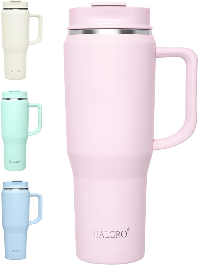 EALGRO 40 oz Tumbler with Handle, Insulated Tumblers with Lid and Straw, Large Metal Sports Water Bottle Jug, Thermal Stainless Steel Travel Coffee Mug Cup, Blush