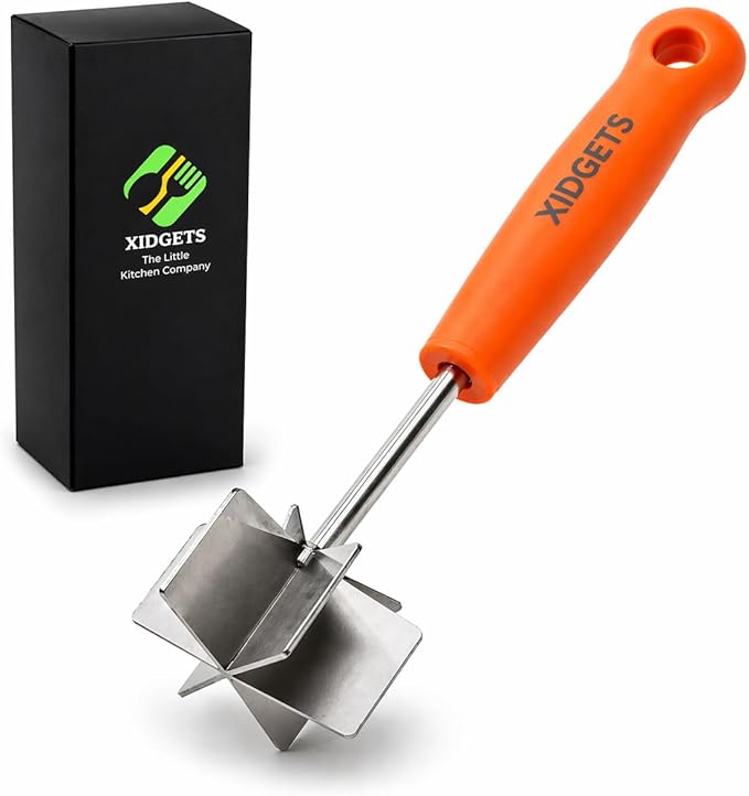 Stainless Steel Mini Meat Chopper & Masher | 6-Blade Ground Beef Chopper Tool | Small Hamburger Smasher | Compact Ergonomic Handle | Dishwasher Safe - 7" (Retro Orange Mini)