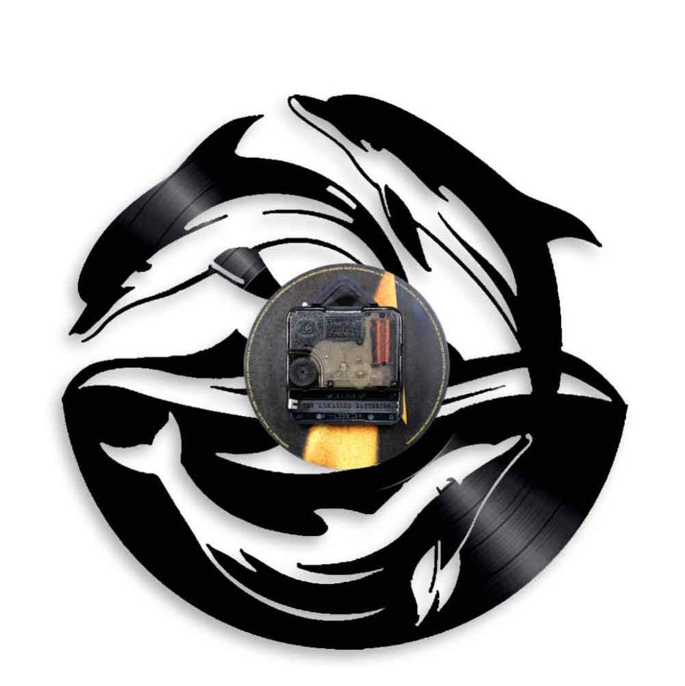 KingLive Dolphin Fish Vinyl Record Wall Clock 12 inches (30 cm) Black Modern Decorative Wall Clock Home Office Kids Bedroom Wall Creative Gifts