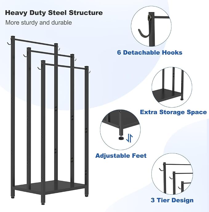44 Inch Tall Free Standing Towel Rack with Metal Storage Shelf & 6 Hooks for Bathroom, 3 Tiers Heavy Duty Blanket Drying Stand Holder for Outdoor Pool, Bedroom, Living Room, Black