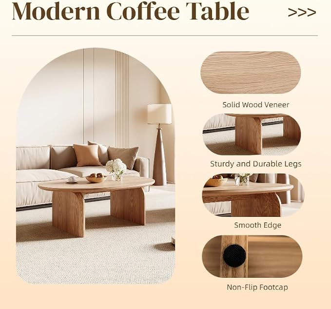 Honyee Modern Oval Coffee Table, Small Coffee Tables for Living Room - Oak Wood Top with Solid Legs, Wooden Center Table Easy Assembly for Living Room &Bedroom,Office, Natural